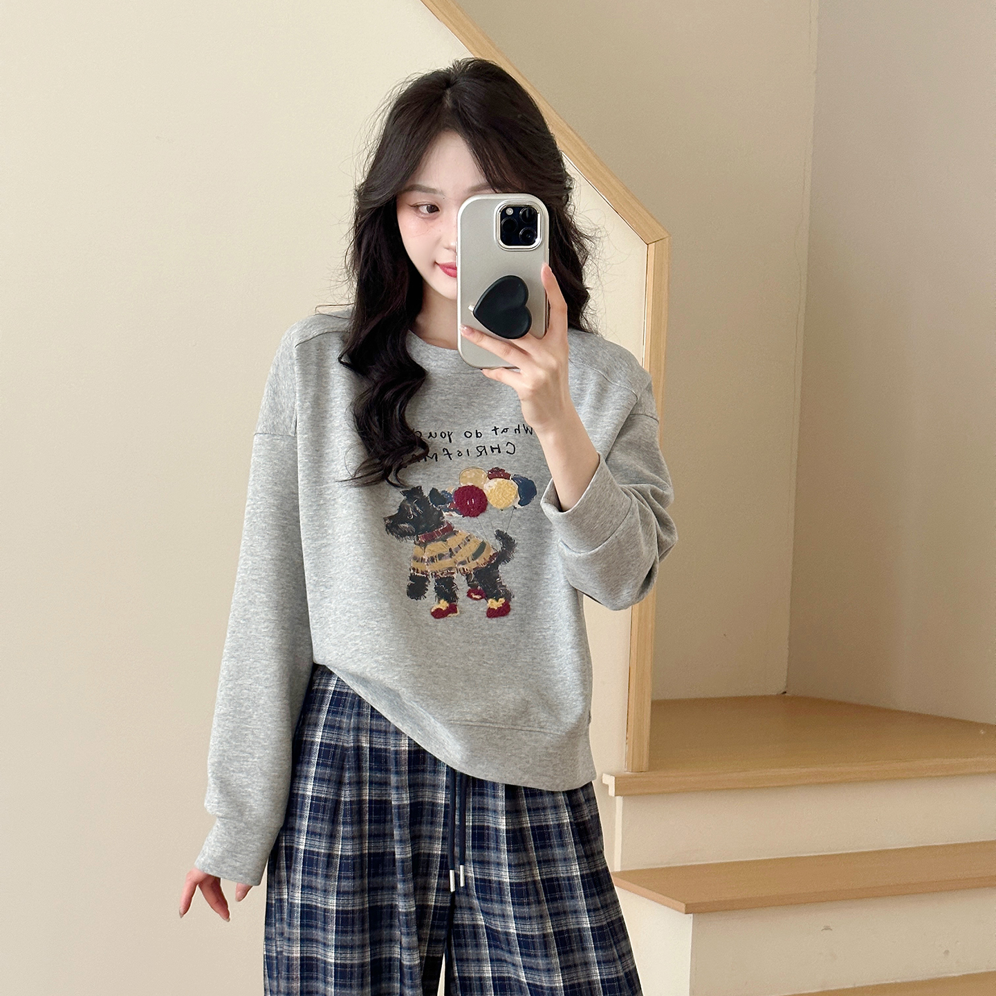 圆领卫衣女格子休闲裤阔腿裤