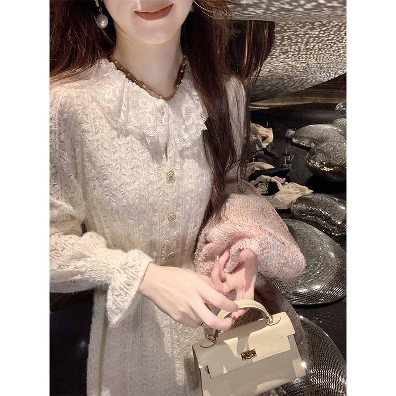 鱼兔子的兔子温柔风连衣裙女秋冬2023新款娃娃领长袖镂空收腰长裙