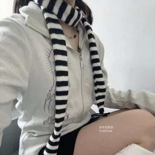 秋冬黑白条纹y2k女亚文化围巾