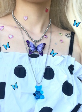 【杀死玛丽苏】稀有款土酷少女项链 复古90s镶钻蝴蝶丝带锁骨链