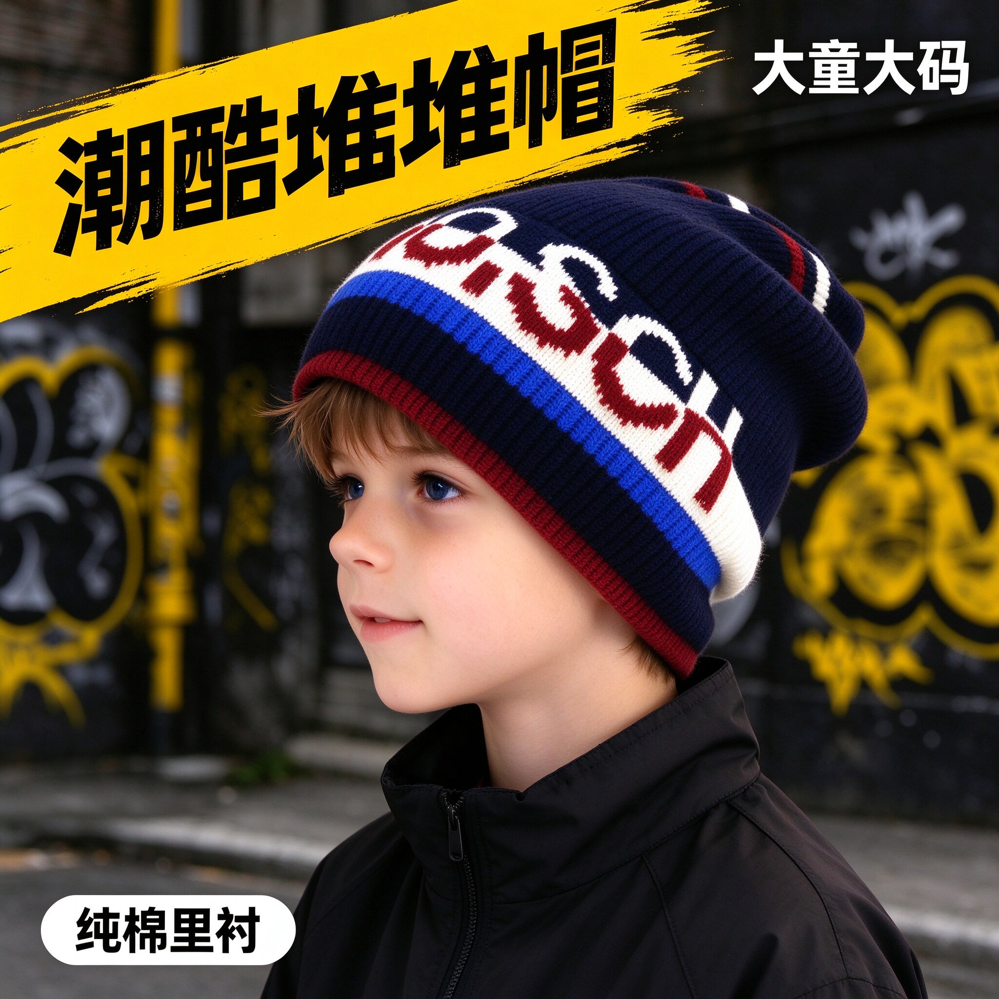 儿童针织毛线帽子男童秋冬保暖护耳百搭套头帽纯棉里衬大码堆堆帽