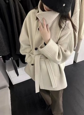 现~韩国东大门utre女2025秋冬时尚立领系带短款羊毛大衣外套