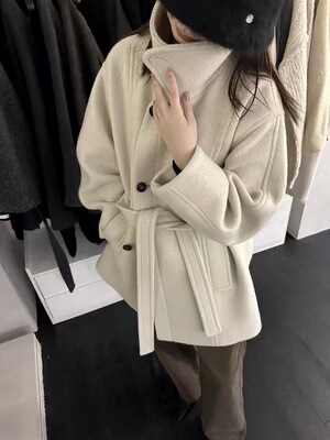 现~韩国东大门utre女2025秋冬时尚立领系带短款羊毛大衣外套