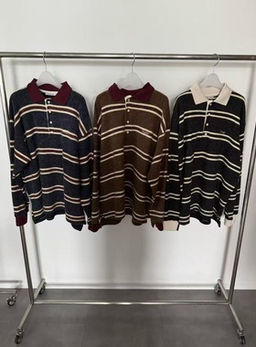 TEMPTING韩国东大门2025秋季新款复古条纹翻领长袖针织衫女