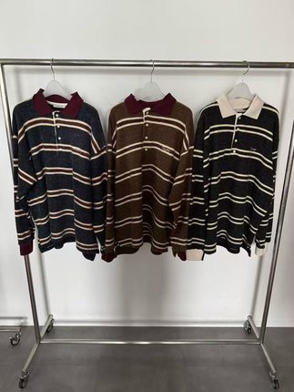 TEMPTING韩国东大门2025秋季新款复古条纹翻领长袖针织衫女