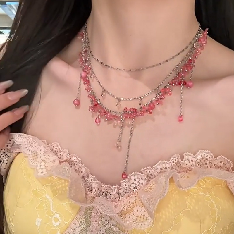 水晶串珠流苏项链铃兰花朵锁骨链