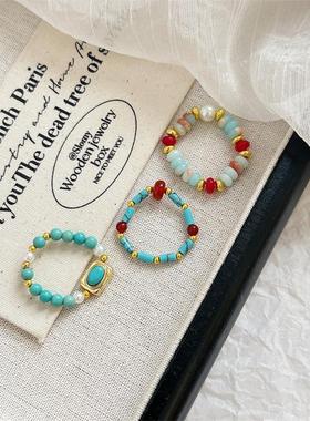 绿松石串珠戒指多巴胺食指环