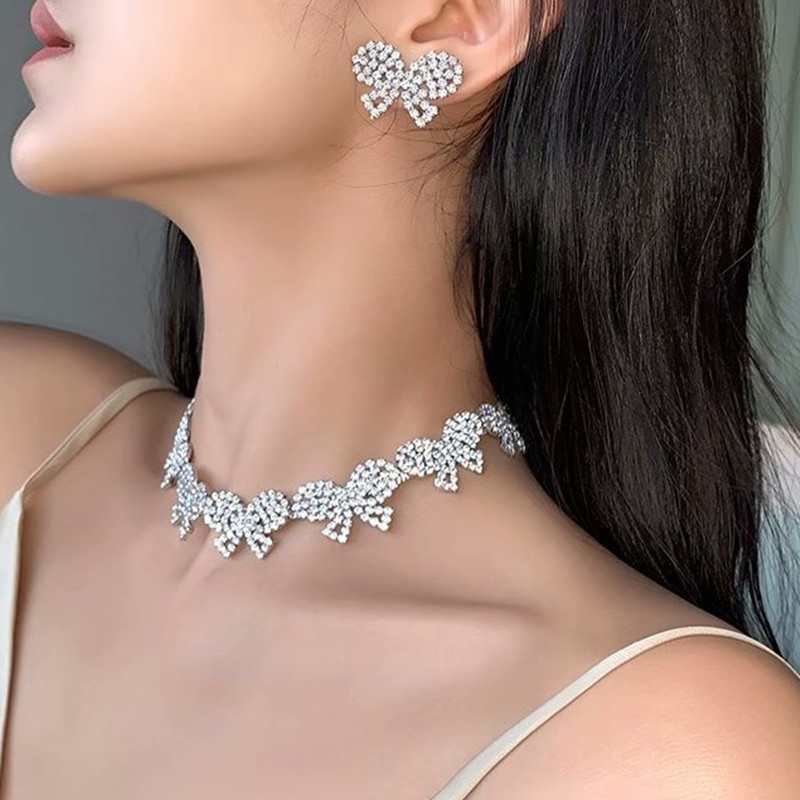 choker组合立体满钻蝴蝶结锁骨链