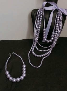 小公主~甜美多层紫色珍珠蝴蝶结项链女款法式千金感锁骨链毛衣链