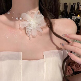 超仙气质网纱三层珍珠花朵项链个性时尚小清新颈链小众设计感项饰