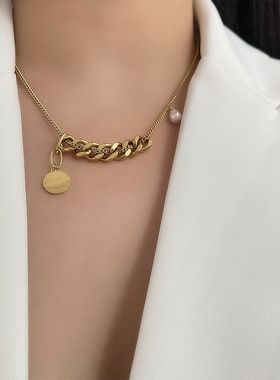 金属双层项链女潮酷钛钢不掉色小众ins冷淡风方形圆牌字母锁骨链