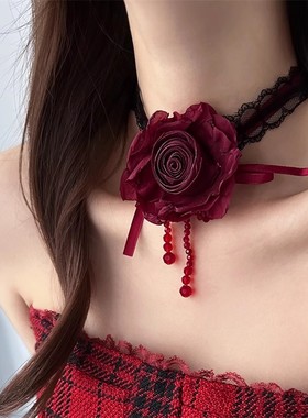 暗夜红玫瑰花cos装扮荆棘chocker颈链蝴蝶结水晶飘带项链晚会配饰