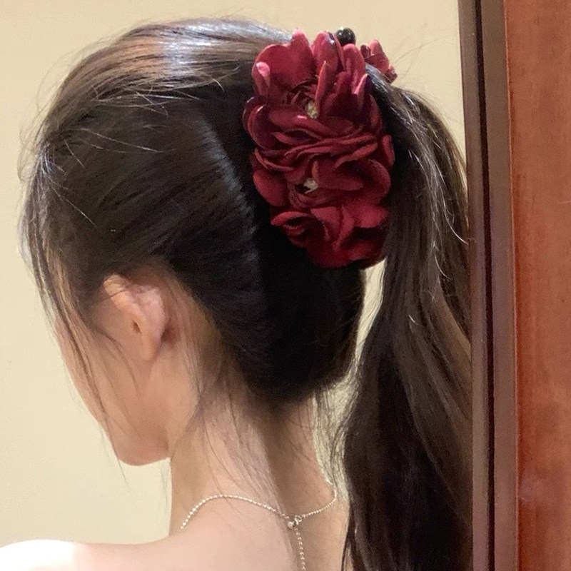 原创手作!超仙立体山茶花朵香蕉夹女后脑勺半扎发夹扭扭夹子头饰