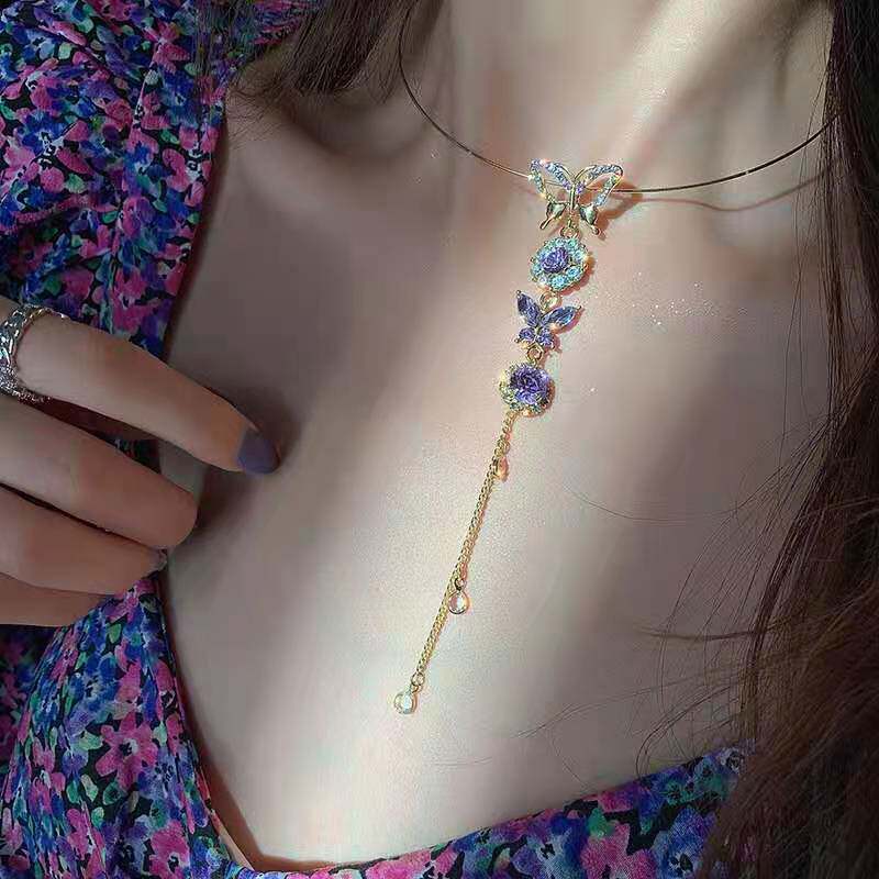 超仙流苏蝴蝶项圈紫水晶水钻女孩温柔网红choker十字架项链锁骨链