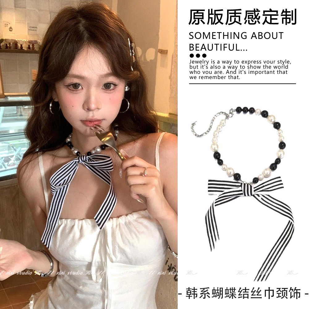 甜美蝴蝶结丝巾丝带颈饰珍珠飘带配饰千金感锁骨链项链高级感领巾
