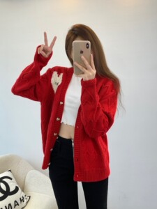 立体浮雕爱心针织开衫新年红色秋冬慵懒风羊毛外套女深圳南油女装