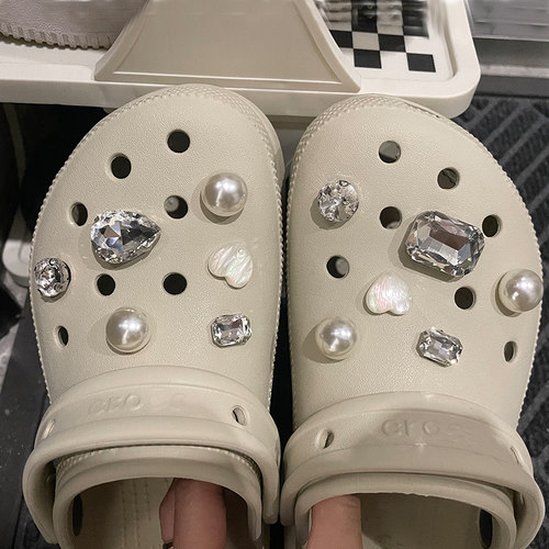 水钻鞋花高级感骨白色珍珠女款