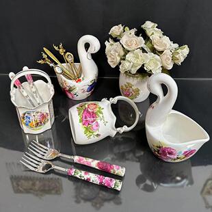 多款女皇金玫瑰家桌面水果叉勺收纳篮陶瓷精致置物小花篮天鹅花插