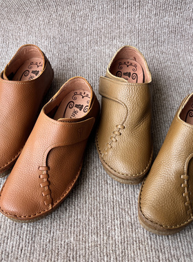 A50073春秋真皮女士皮鞋复古日常休闲魔术贴牛皮女单鞋中老年皮鞋