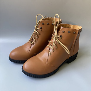 35.36码冬季真皮女鞋女靴 头层牛皮休闲系带中跟短筒女靴马丁靴