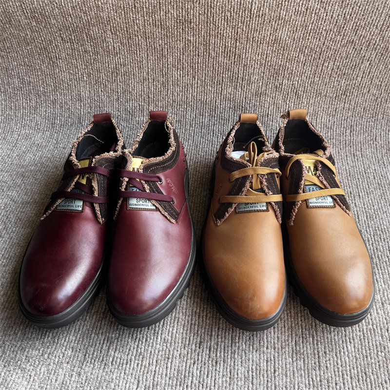 春秋真皮头层牛皮厚底耐磨中年系带休闲男鞋中年圆头男皮鞋橡胶底