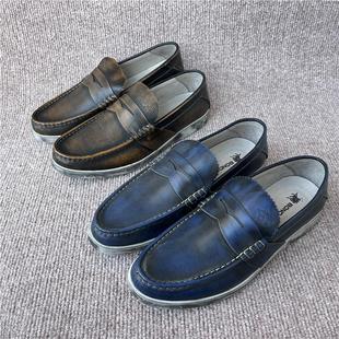 宝罗丝丹 38-42码头层牛常复古英伦休闲套脚皮鞋男豆豆鞋懒人皮鞋