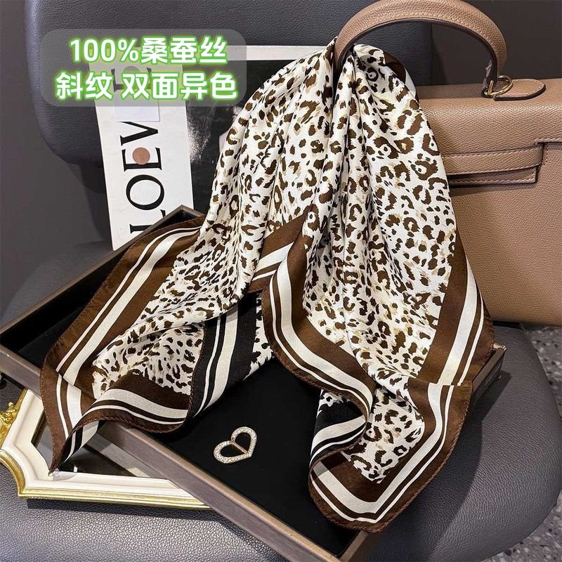 高档真丝斜纹方巾春秋百搭职业领巾双面围巾洋气包带时尚装饰发带