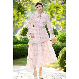 新款 女 溫柔風高端精致小個子復古風連衣裙2023春秋季 美妃碎花長袖