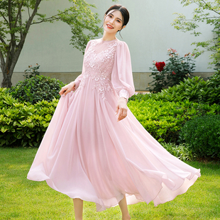 女 收腰粉色茶歇法式 新款 2023春夏季 宫廷风气质连衣裙长款 美妃长袖