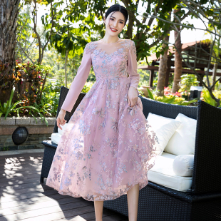 美妃2023新款 重工绣花紫色连衣裙高端刺绣气质名媛女 春秋茶歇法式