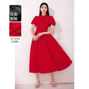新中式 超好看官方紅色女 2025初夏新款 美妃醋酸連衣裙子連身裙女裝