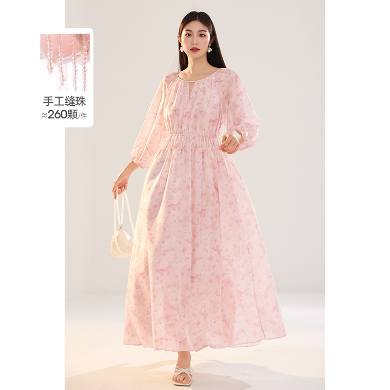 美妃手缝串珠蝴蝶印花圆领连衣裙