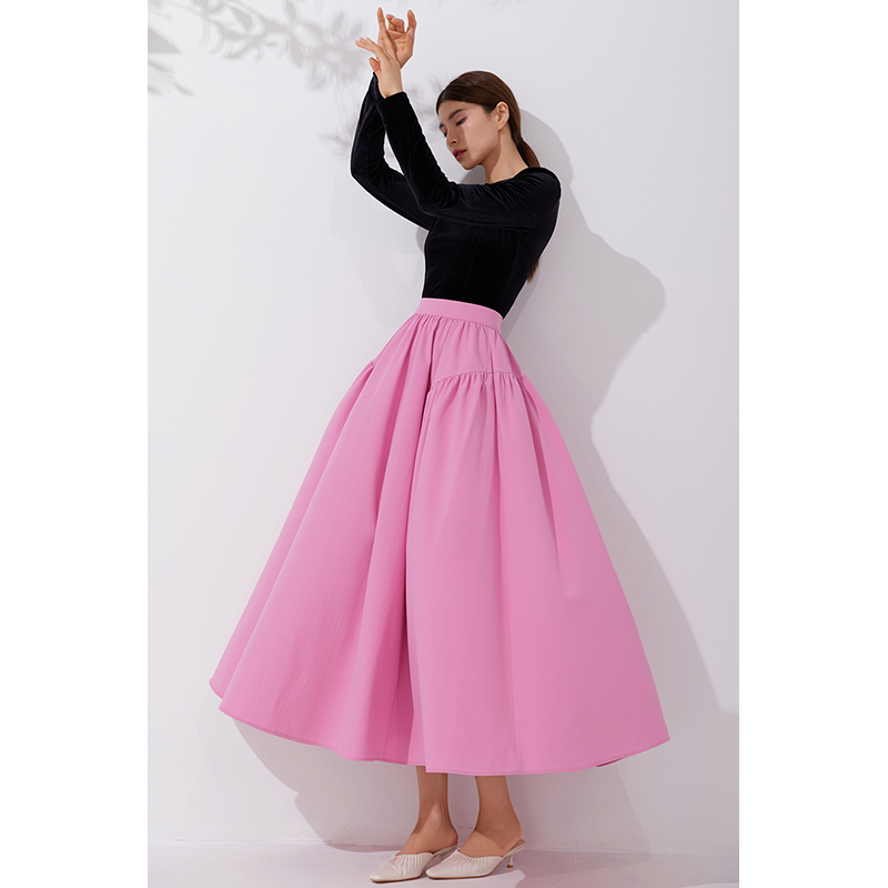 美妃半身裙秋冬2023新款粉色设计感法式气质洋气a字褶大裙摆女装