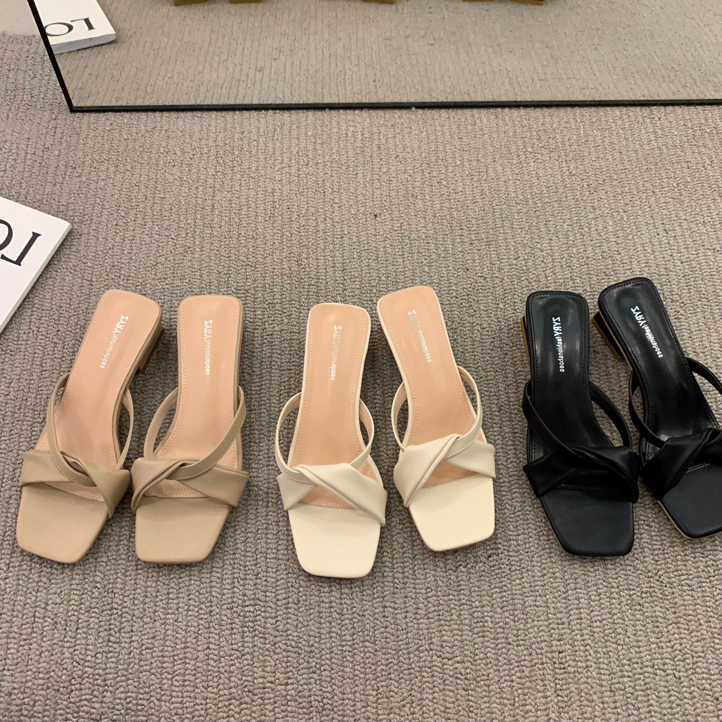 WEN MENG ONE NIGHT ITSK SANDALS SLIPPERS WOMEN WEAR OPEN-TOED FASHION BLOCK HEEL SIMPLE FAIRY STYLE MID-HEEL SANDALS OUTSIDE THE SUMMER