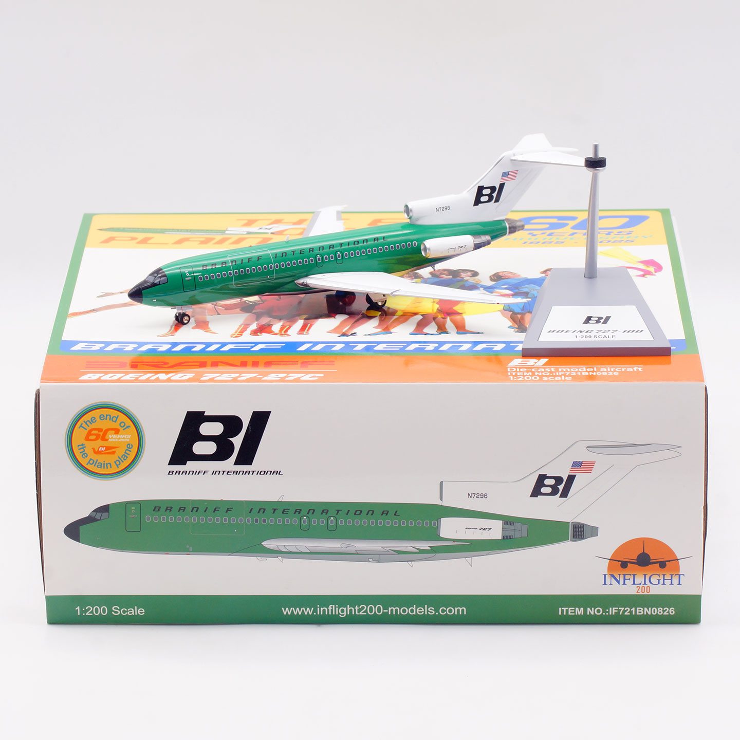 Inflight 1/200 合金模型 布兰尼夫国际航空 波音727-100 N7296