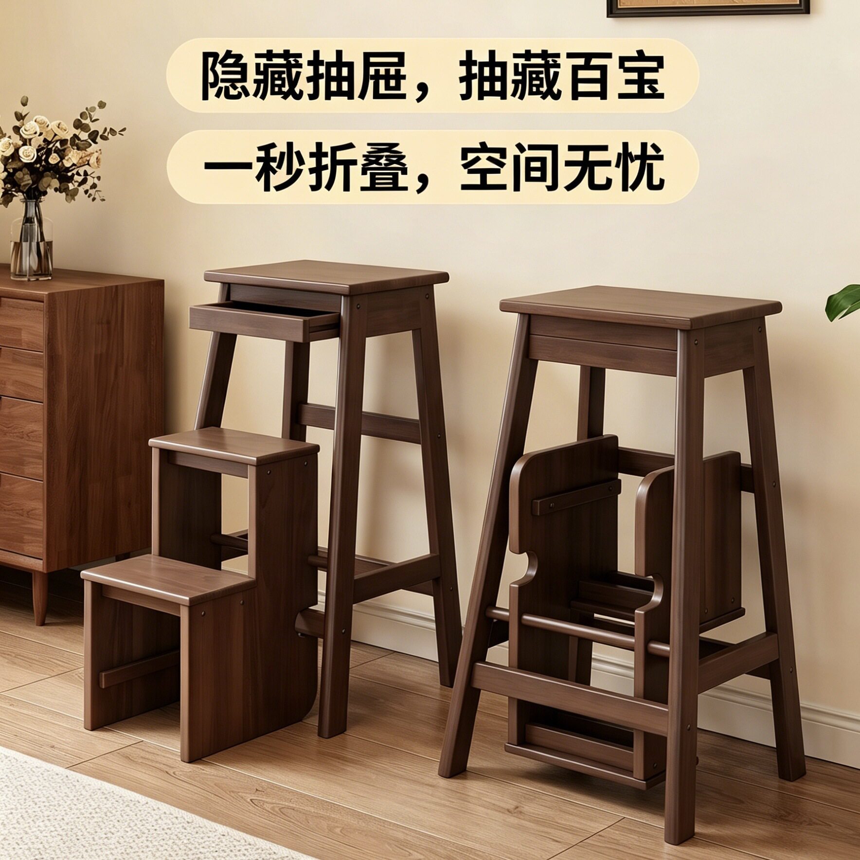 实木梯凳折叠家用爬高凳室内多功能楼梯椅加厚稳固带抽屉登高梯子