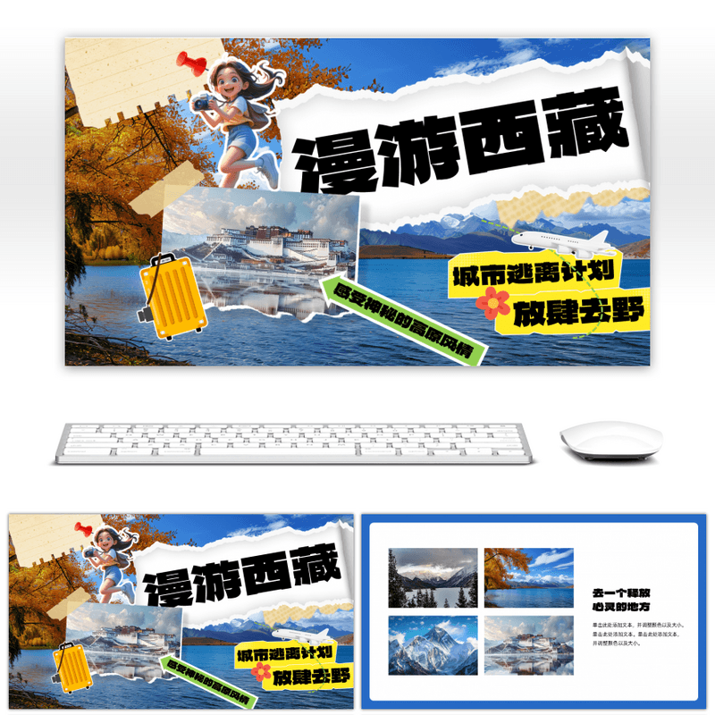 撕纸风实拍风景漫游西藏旅行画册PPT模板高端炫酷高级感PPT素材设
