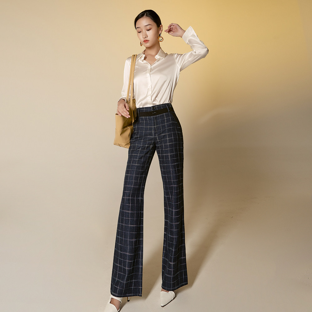 2025春秋新款格子拼接时尚喇叭裤复古港风高腰女新款洋气阔腿裤子
