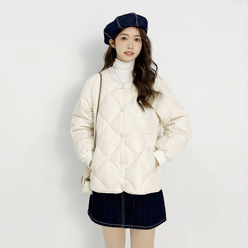 菱格无领轻薄短款羽绒服女2023年新款小个子白鸭绒棒球服外套内胆