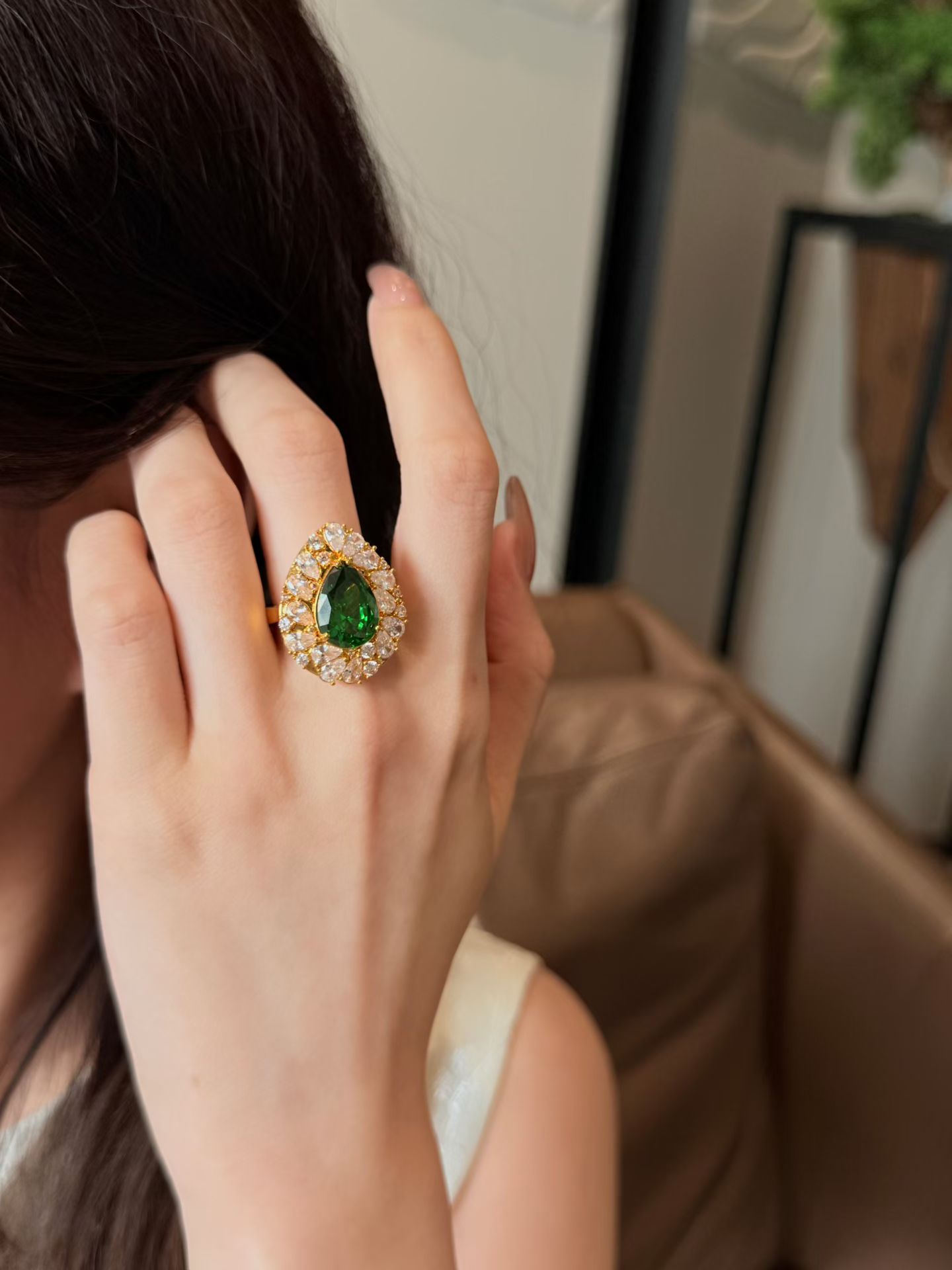 【款式13】足金999 满钻绿色水滴黄金戒指 5D黄金镶嵌