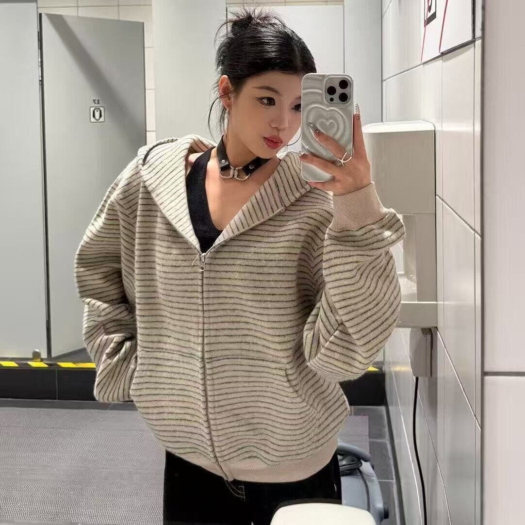 美式复古条纹连帽卫衣女拉链开衫宽松外套情侣装时尚百搭长袖简约