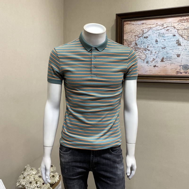 2020夏季新款条纹翻领短袖男士修身polo衫潮牌休闲plol衫帅气上衣