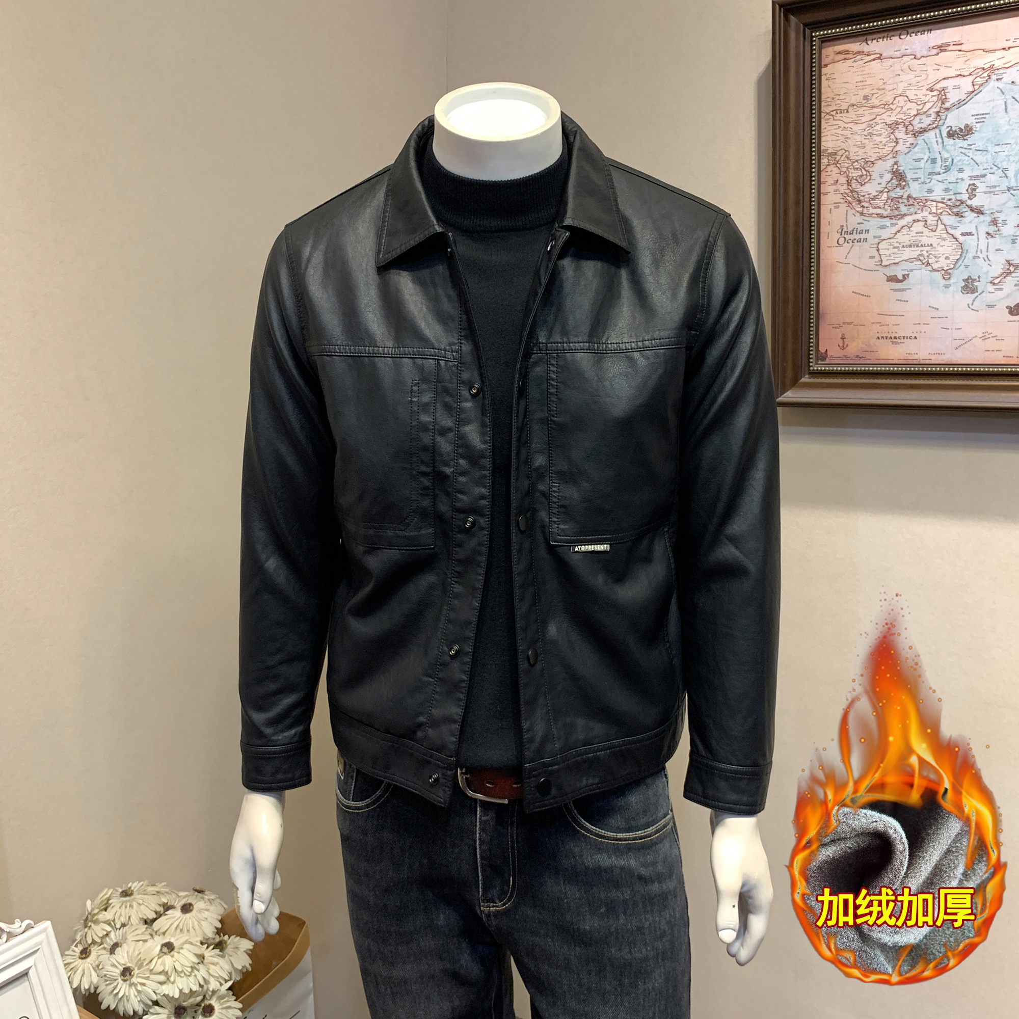 2025年冬季新款加绒加厚PU皮夹克男士修身翻领保暖通勤皮衣外套男