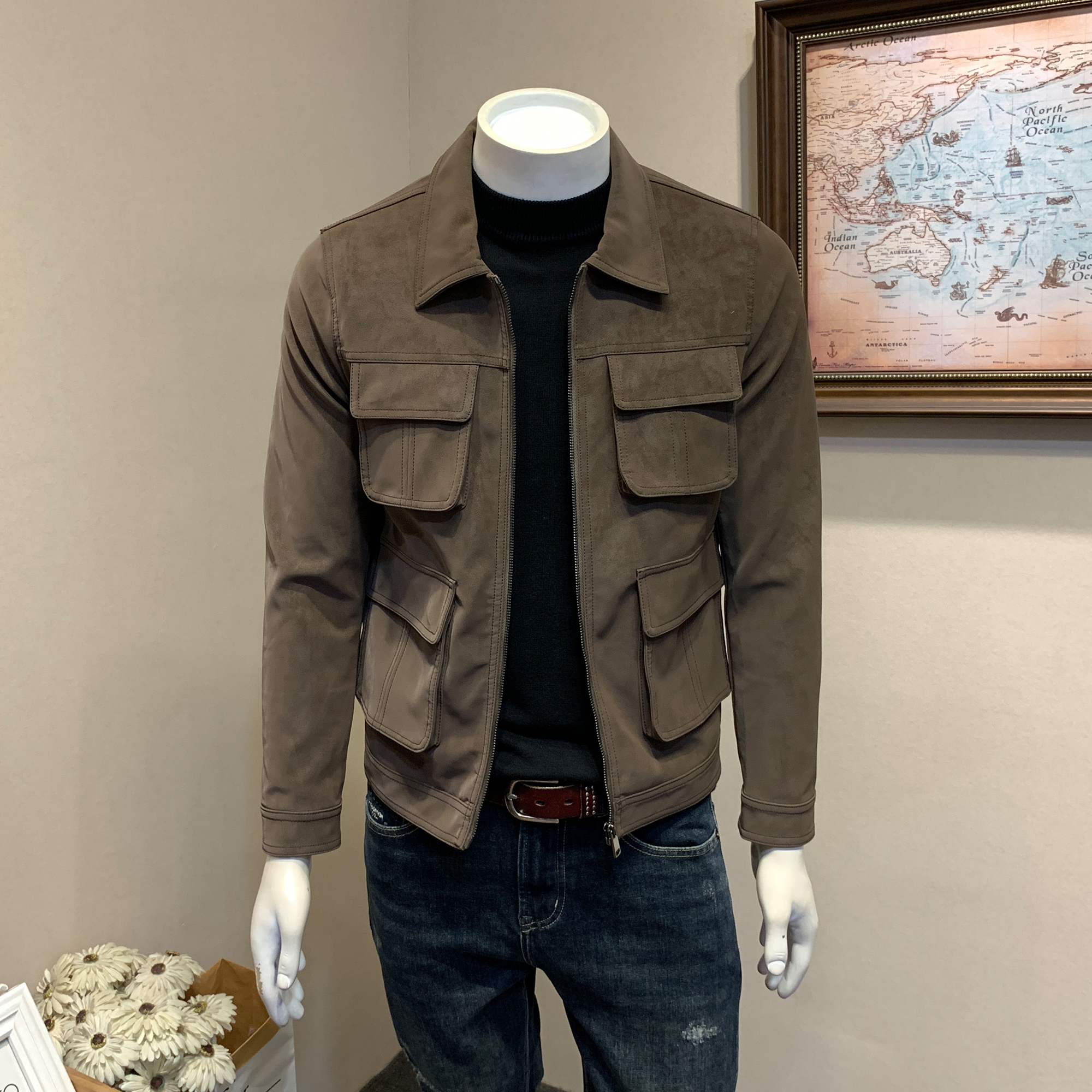 皮衣男春秋季新款PU皮夹克韩版修身翻领多口袋皮外套潮男品质男装