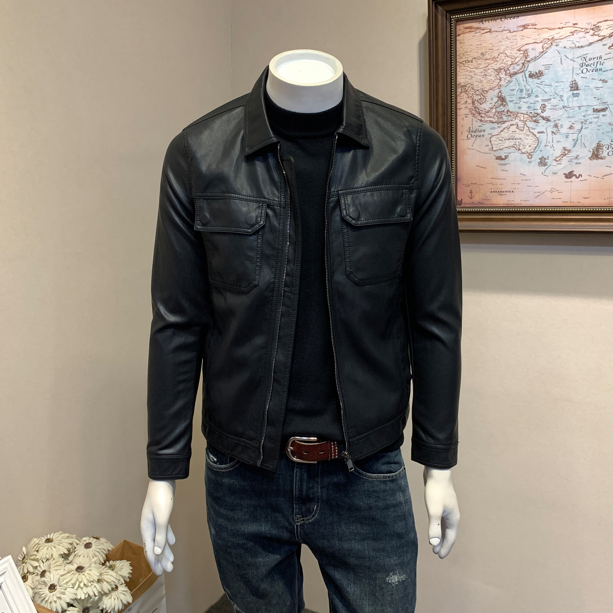 春秋冬季男士翻领皮夹克韩版修身工装通勤机车PU皮衣男青年外套男