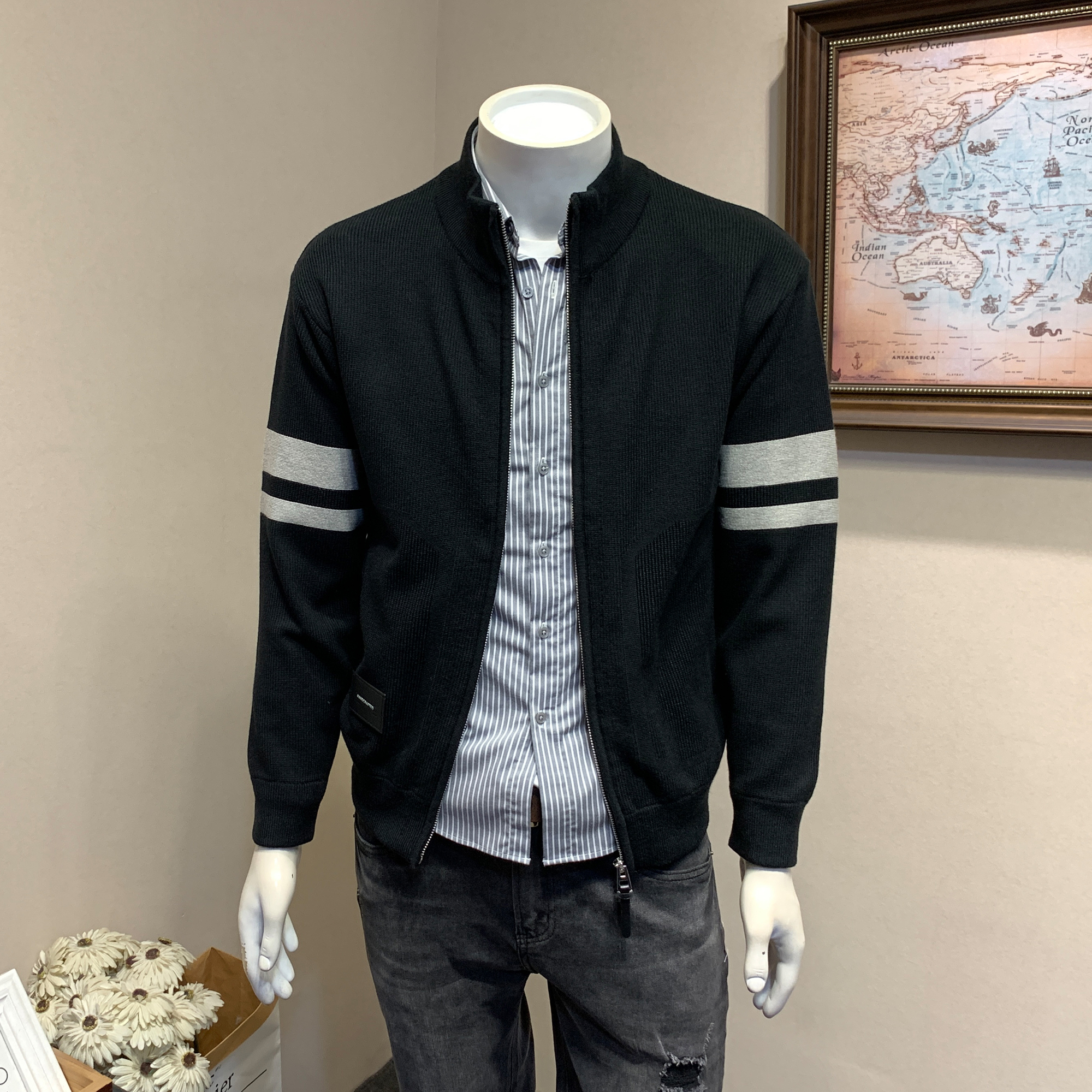 潮流简约休闲立领针织衫开衫外套男士秋冬季韩版修身时尚毛衣外穿