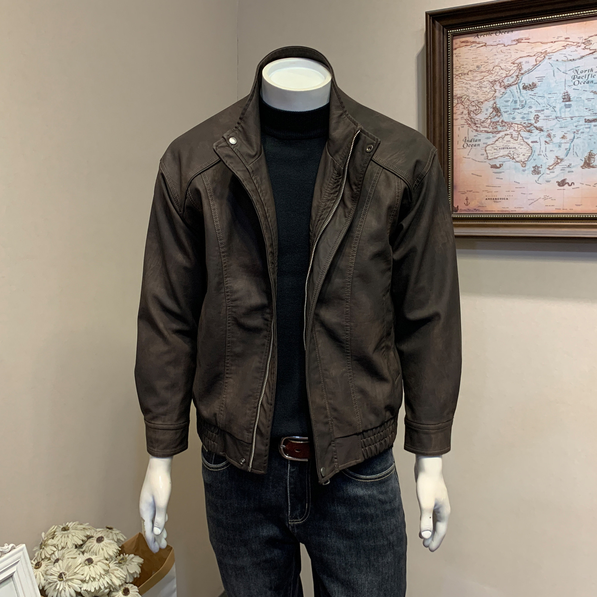 日系复古立领PU皮夹克男士皮衣