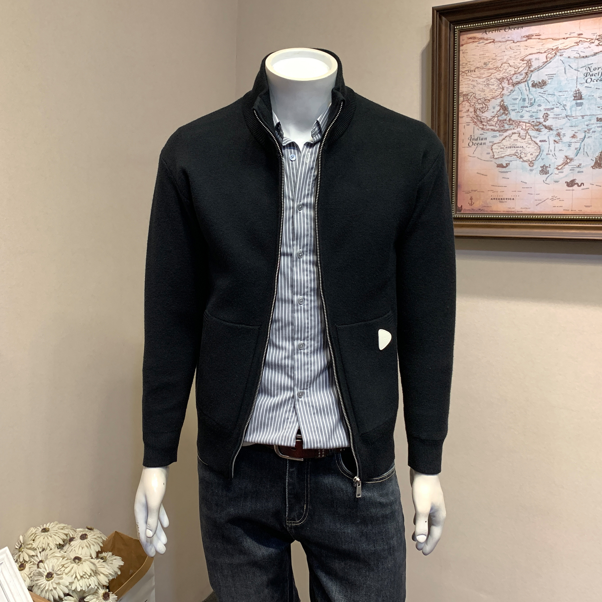 秋冬季韩版修身简约纯色立领针织开衫男士商务休闲通勤毛衣外套