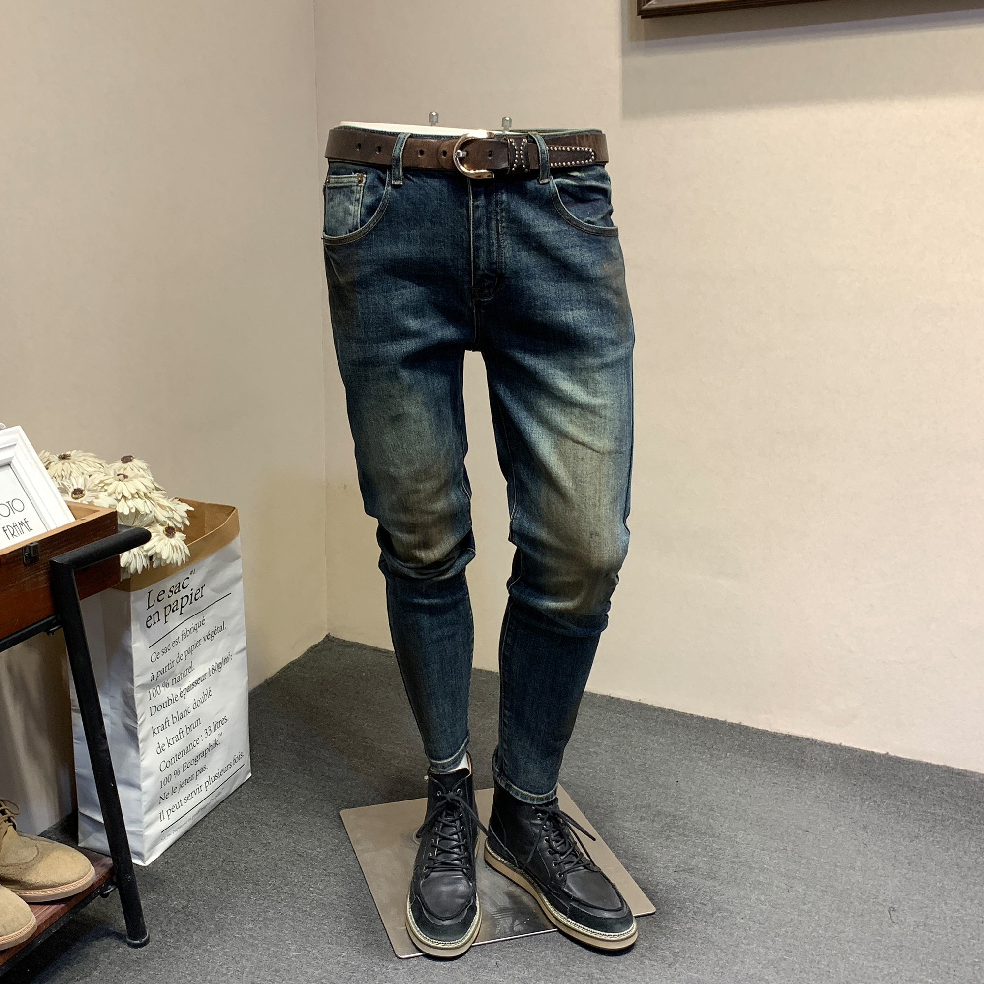 秋冬季男士复古蓝牛仔裤韩版修身小脚男长裤青年弹力锥形休闲男裤
