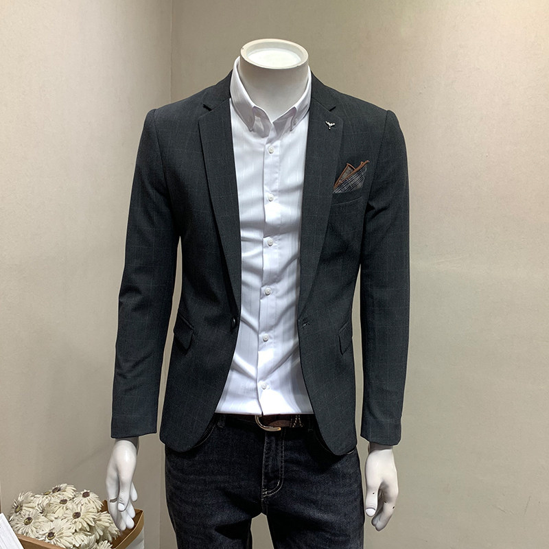 春季新款商务绅士格子西装男士韩版修身小西服结婚新郎单西外套男